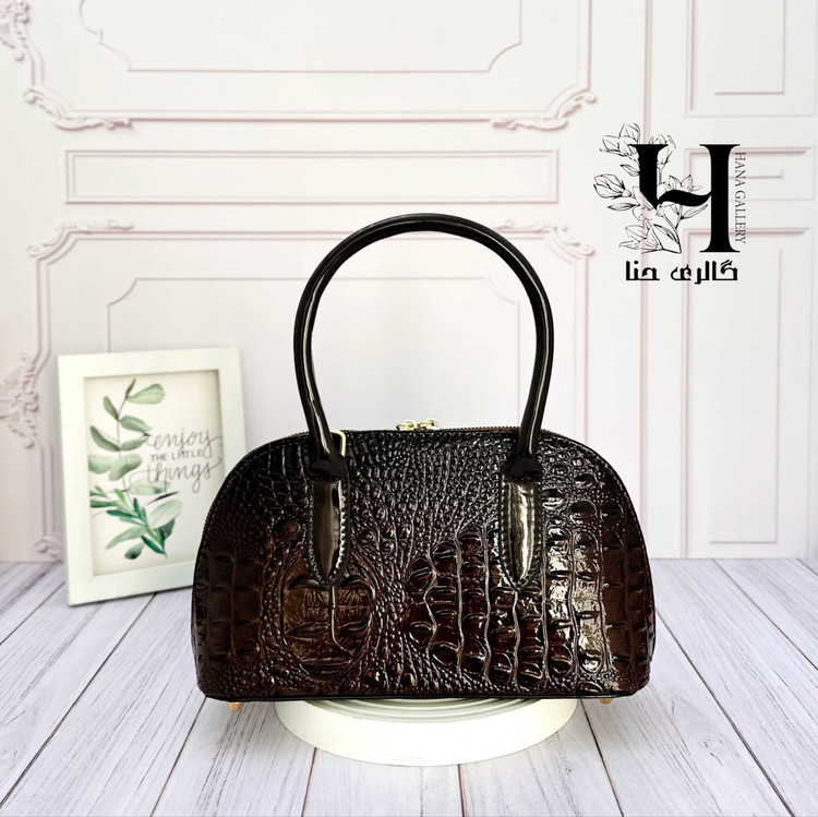 کیف زنانه چرم کوروکودیل قهوه ای تیره براق کد ۸۰۴